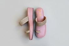 Load image into Gallery viewer, Pink sandals with gold embellishments on a gray surface