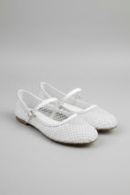 Load image into Gallery viewer, White flat shoes with mesh design on a dark marble floor
