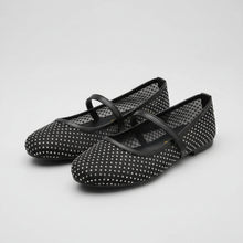 Load image into Gallery viewer, Black polka dot shoes on a gray marble floor