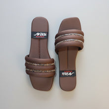 Load image into Gallery viewer, Pair of brown sandals with decorative straps on a gray surface, featuring 'Miu Shoes' branding.