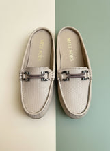 Load image into Gallery viewer, Pair of beige loafers with brown accents on a gray surface