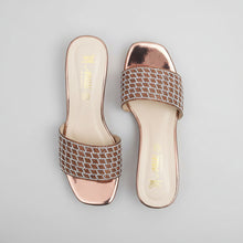 Load image into Gallery viewer, Pair of rose gold sandals with rhinestone embellishments on a gray surface
