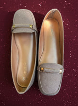 Load image into Gallery viewer, Pair of brown loafers with gold accents on a gray surface