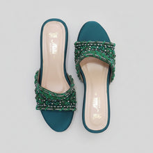 Load image into Gallery viewer, Teal embellished shoes on a gray surface