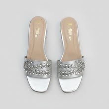 Load image into Gallery viewer, Silver open-toe shoes with embellishments on a gray surface