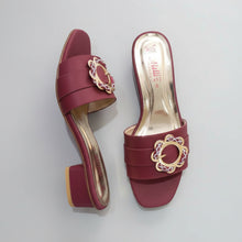 Load image into Gallery viewer, Maroon high-heeled shoes with decorative buckles on a gray surface