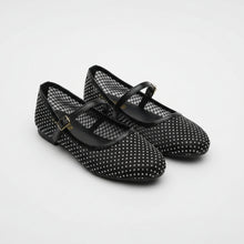 Load image into Gallery viewer, Black polka dot loafers with a brand logo on a gray surface