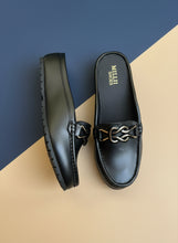Load image into Gallery viewer, Black loafer shoe with decorative chain on a gray surface