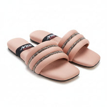 Load image into Gallery viewer, Pair of pink slides with decorative straps on a gray surface