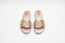 Load image into Gallery viewer, Pair of pink sandals with gold buckles on a gray surface