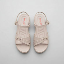 Load image into Gallery viewer, Pair of light gray sandals on a textured surface
