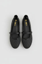 Load image into Gallery viewer, Black polka dot shoes with a strap on a gray surface
