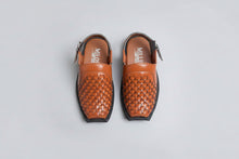 Load image into Gallery viewer, Pair of brown woven shoes on a light gray background
